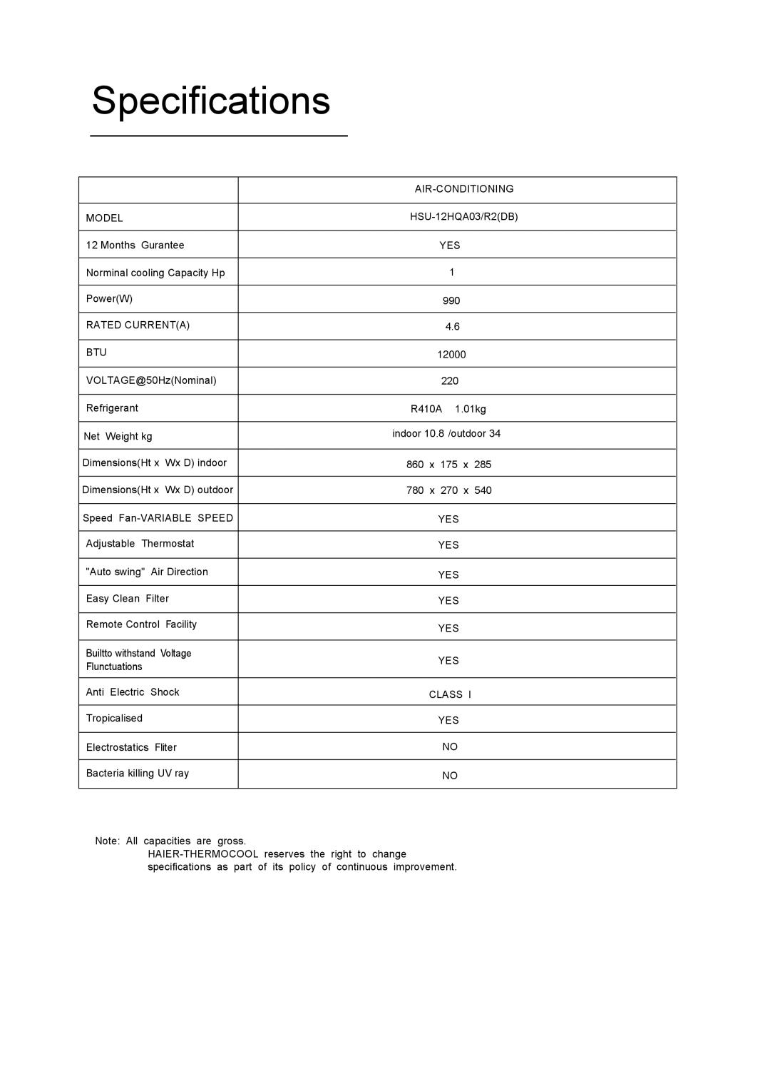 Haier HSU-12HQA03/R2(DB) operation manual Specifications 