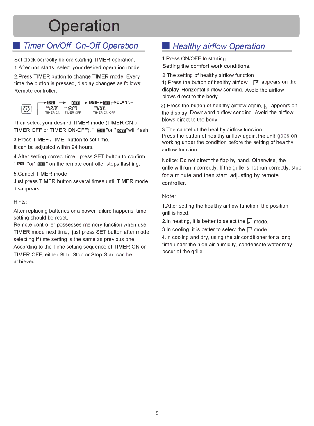 Haier HSU-12HQA03/R2(DB) Timer On/Off On-Off Operation, Healthy airflow Operation, Setting the comfort work conditions 