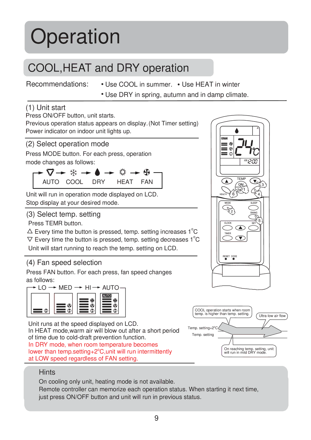 Haier HSU-18CK13(T3) operation manual COOL,HEAT and DRY operation, Select temp. setting, Fan speed selection 