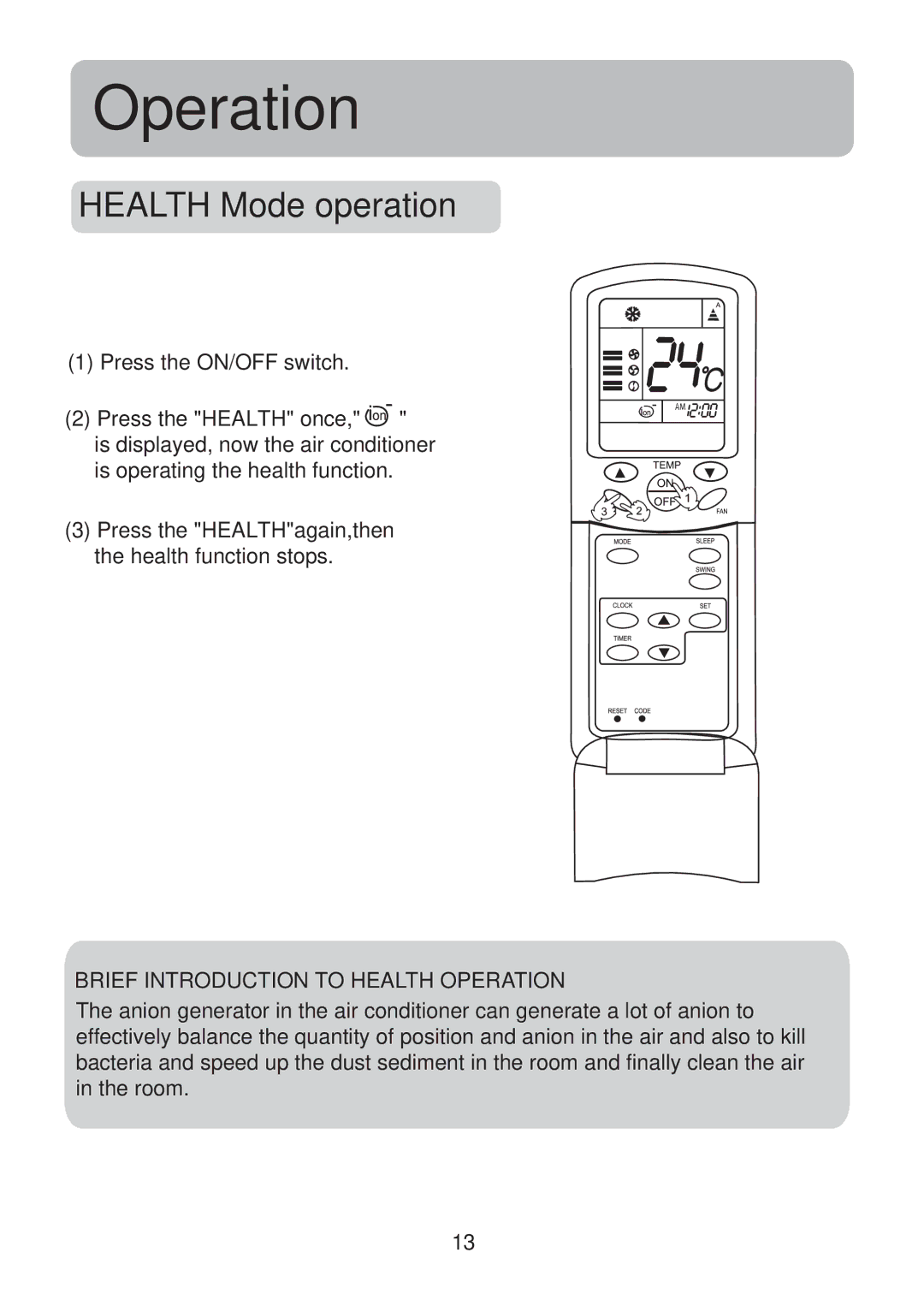 Haier HSU-18CK13(T3) operation manual Health Mode operation, Brief Introduction to Health Operation 