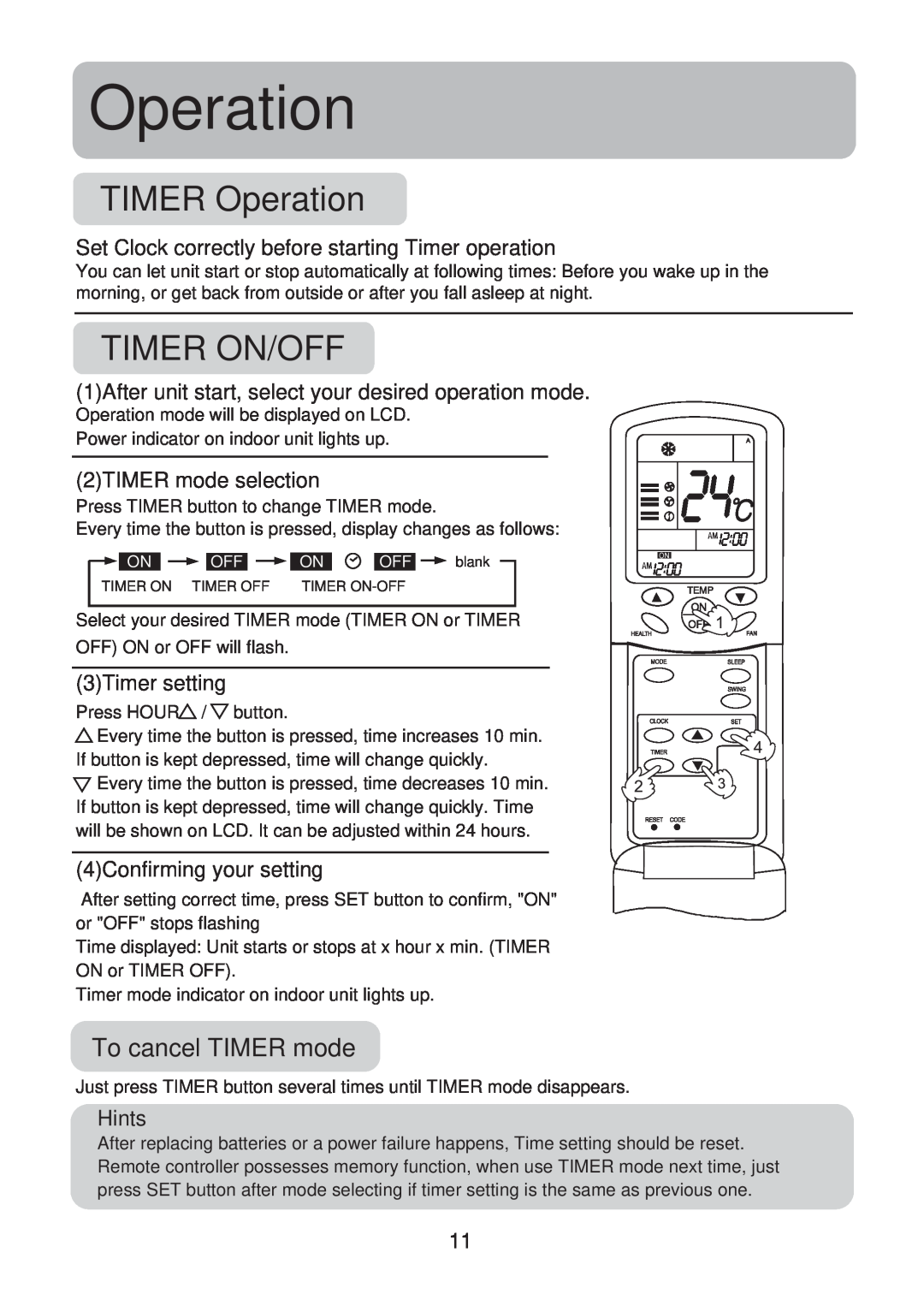 Haier HSU-18CK13(T3) TIMER Operation, Timer On/Off, To cancel TIMER mode, 2TIMER mode selection, 3Timer setting, Hints 