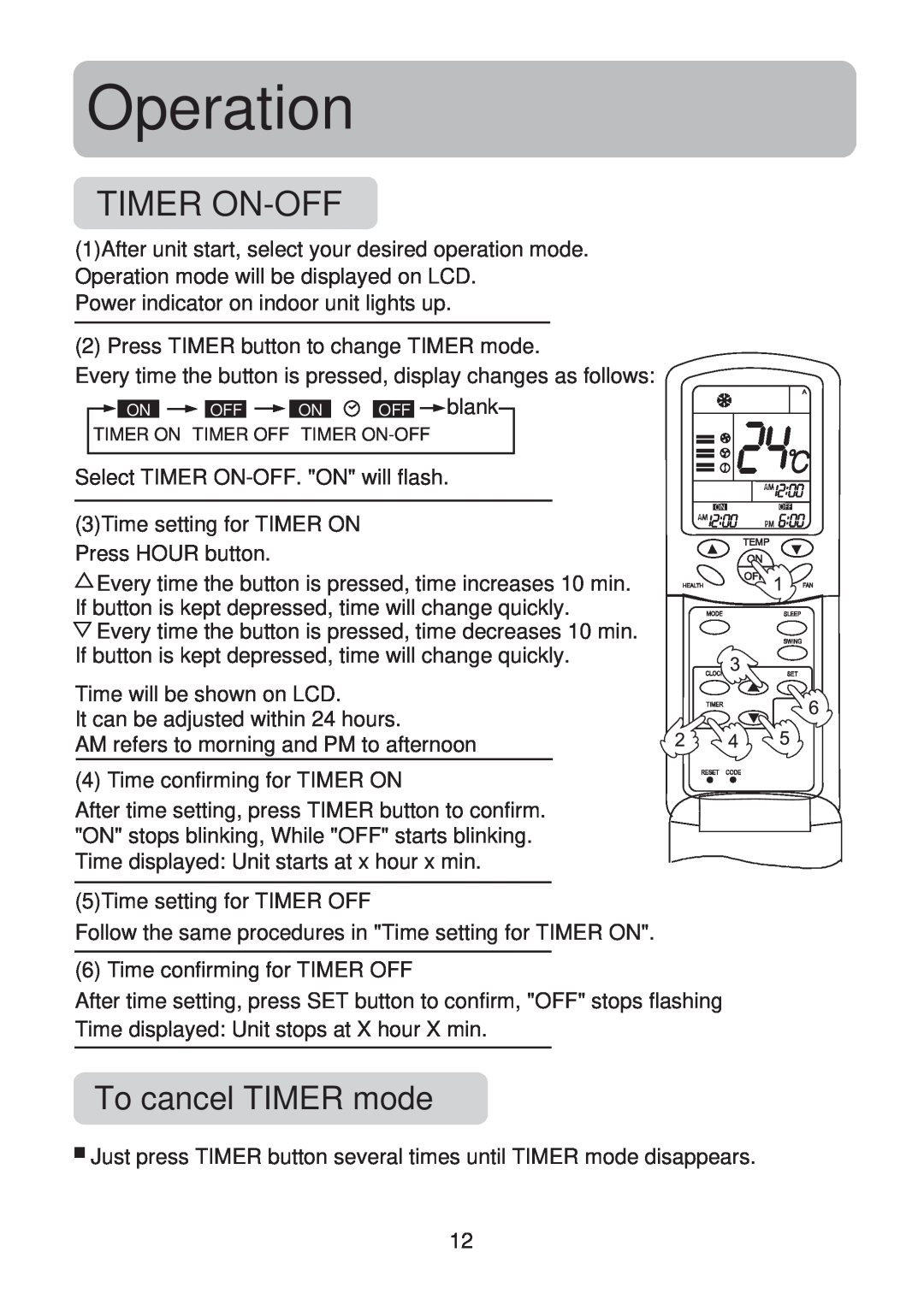 Haier HSU-18CK13(T3) operation manual Operation, To cancel TIMER mode, blank, Select TIMER ON-OFF.ON will flash 