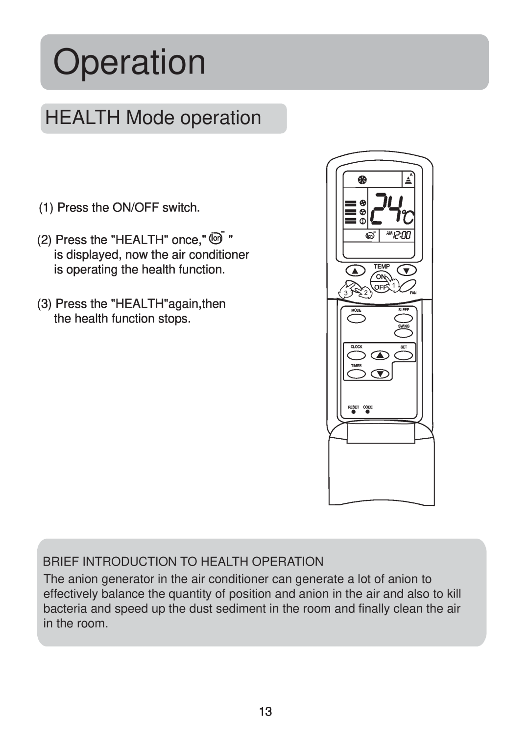 Haier HSU-18CK13(T3) operation manual HEALTH Mode operation, Operation 