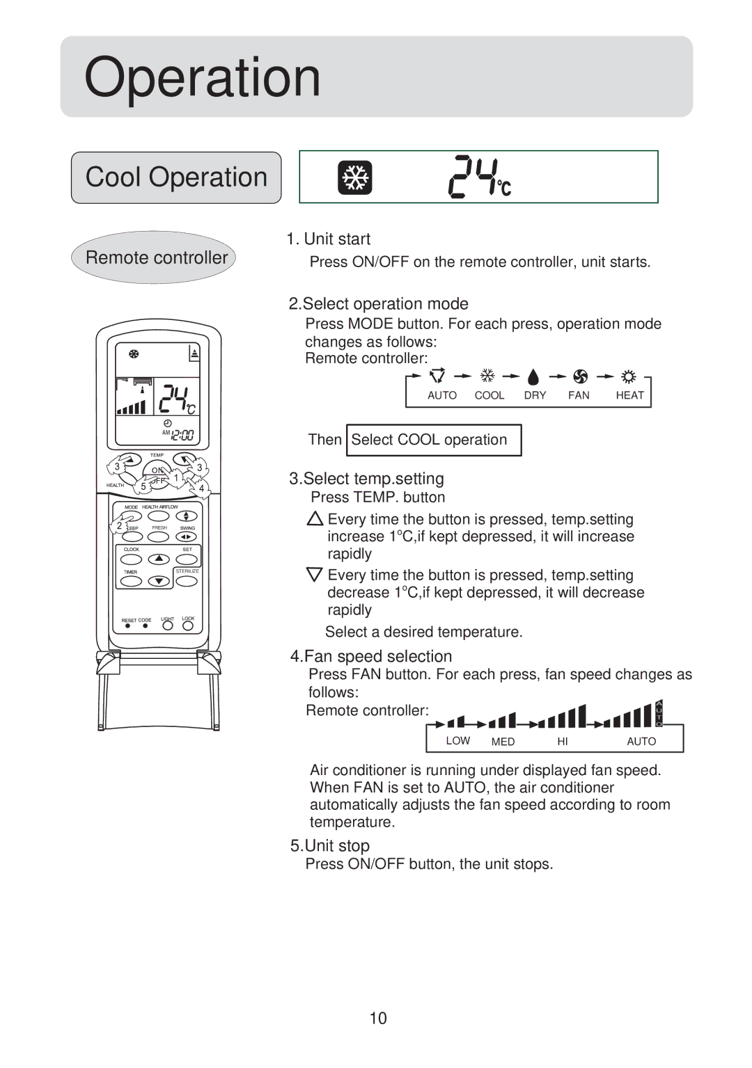 Haier HSU-24CV03(T3), HSU-18CV03(T3) operation manual Cool Operation 