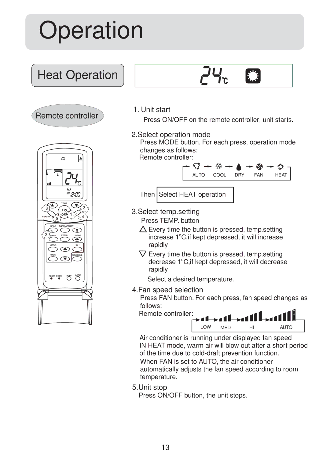 Haier HSU-18CV03(T3), HSU-24CV03(T3) operation manual Heat Operation 