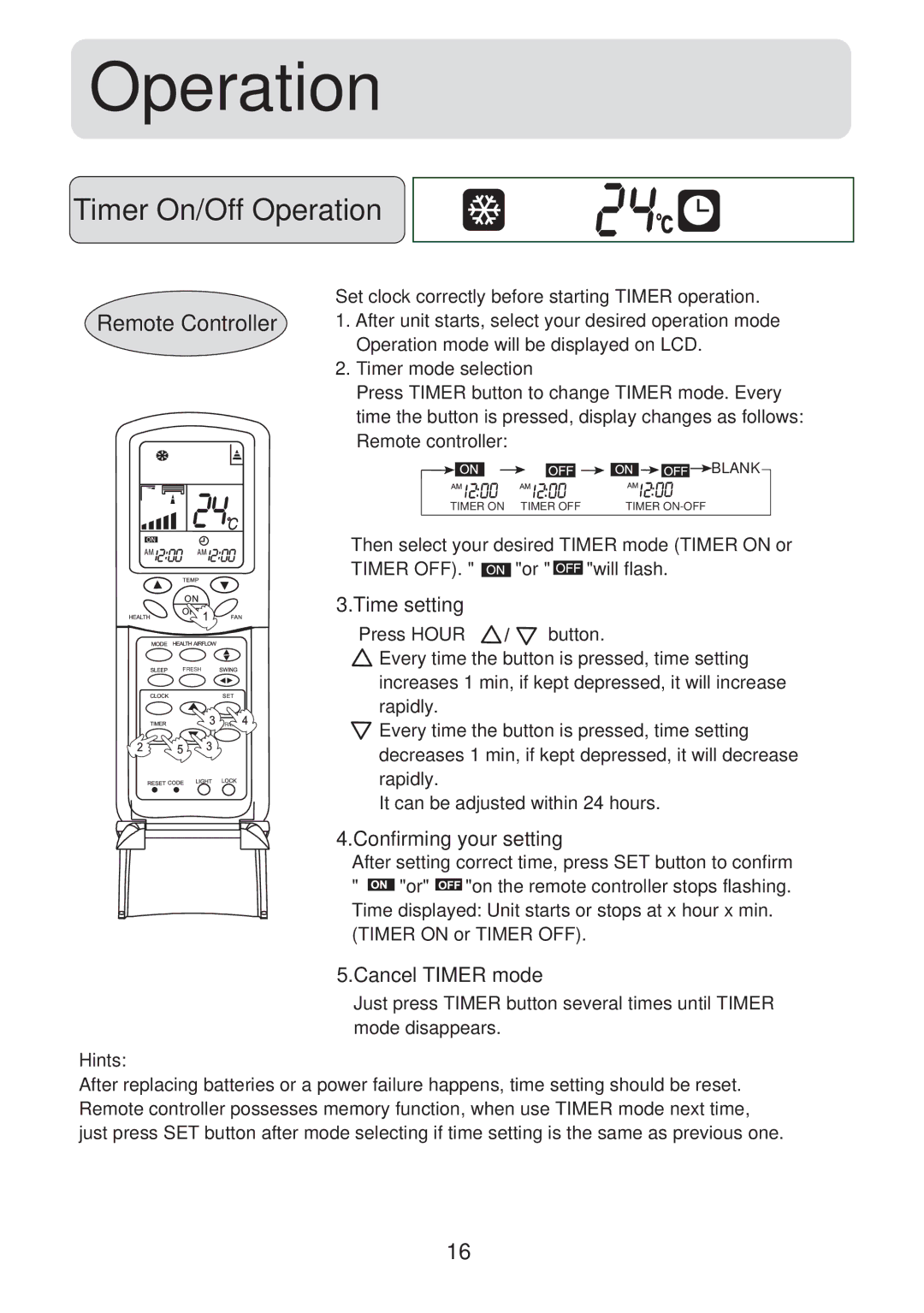 Haier HSU-24CV03(T3), HSU-18CV03(T3) Timer On/Off Operation, Time setting, Confirming your setting, Cancel Timer mode 