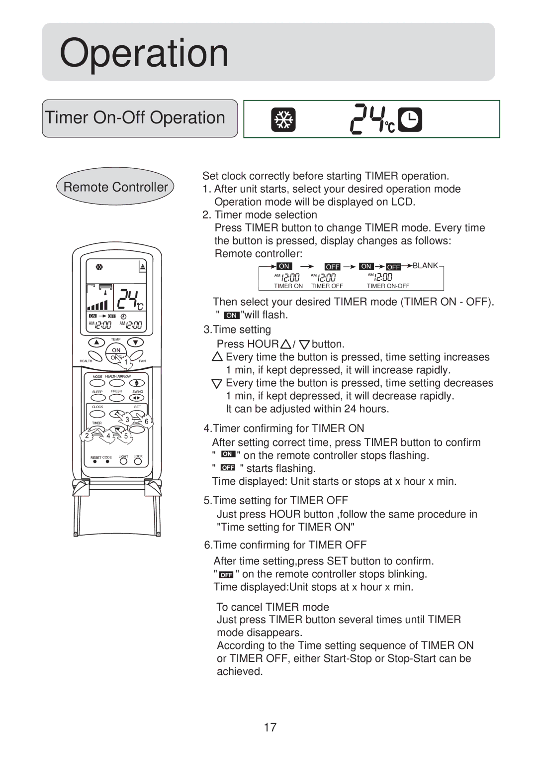 Haier HSU-18CV03(T3), HSU-24CV03(T3) operation manual Timer On-Off Operation 