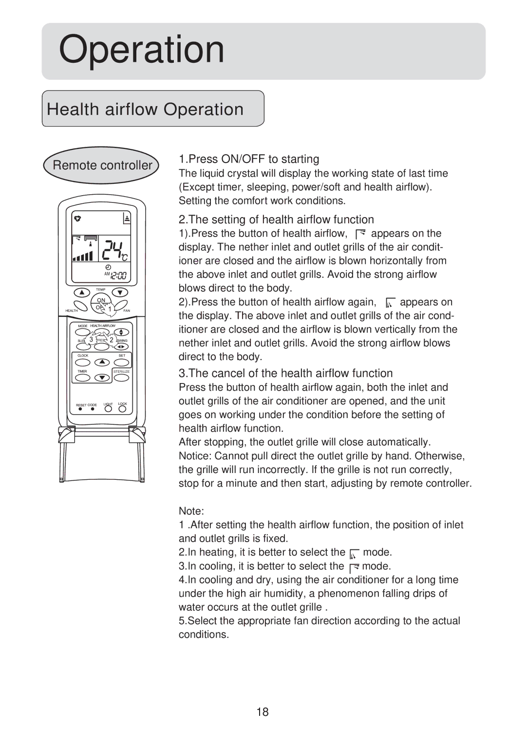 Haier HSU-24CV03(T3) Health airflow Operation, Press ON/OFF to starting, Setting of health airflow function 