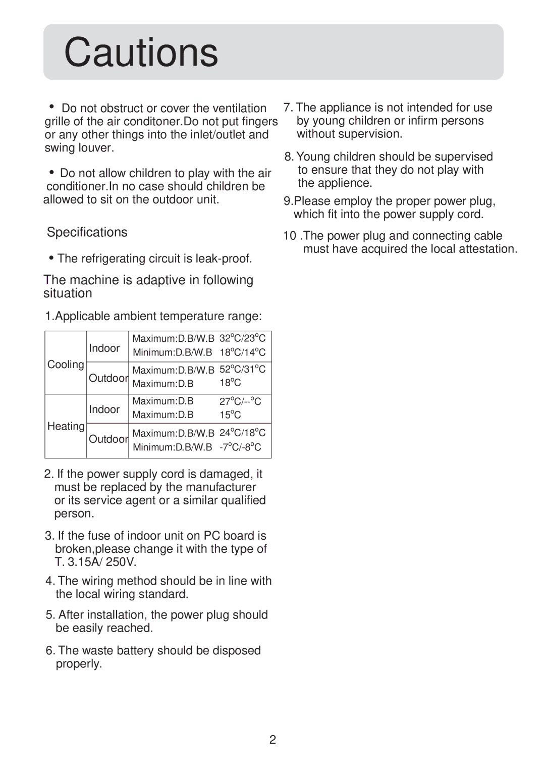 Haier HSU-24CV03(T3), HSU-18CV03(T3) operation manual Specifications, Machine is adaptive in following, Situation 