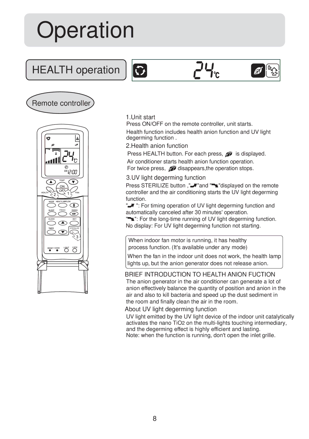 Haier HSU-24CV03(T3), HSU-18CV03(T3) operation manual Operation, Remote controller 