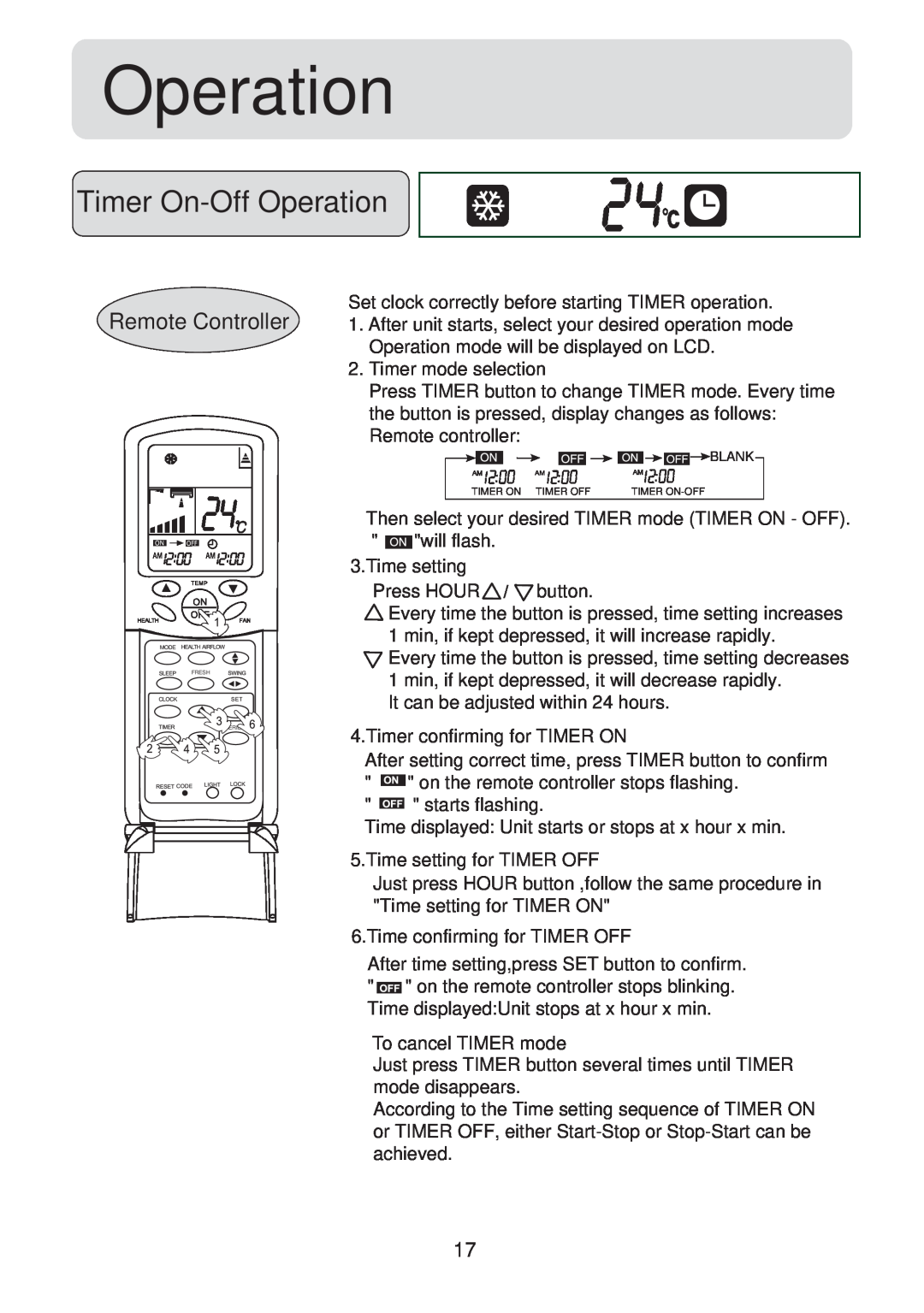 Haier HSU-18CV03(T3), HSU-24CV03(T3) operation manual Timer On-OffOperation, Remote Controller 