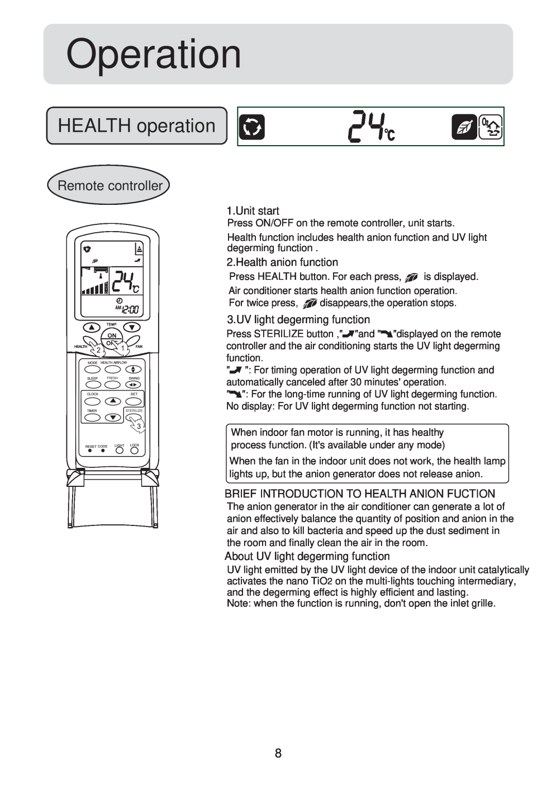 Haier HSU-24CV03(T3), HSU-18CV03(T3) operation manual Operation, HEALTH operation, Remote controller 