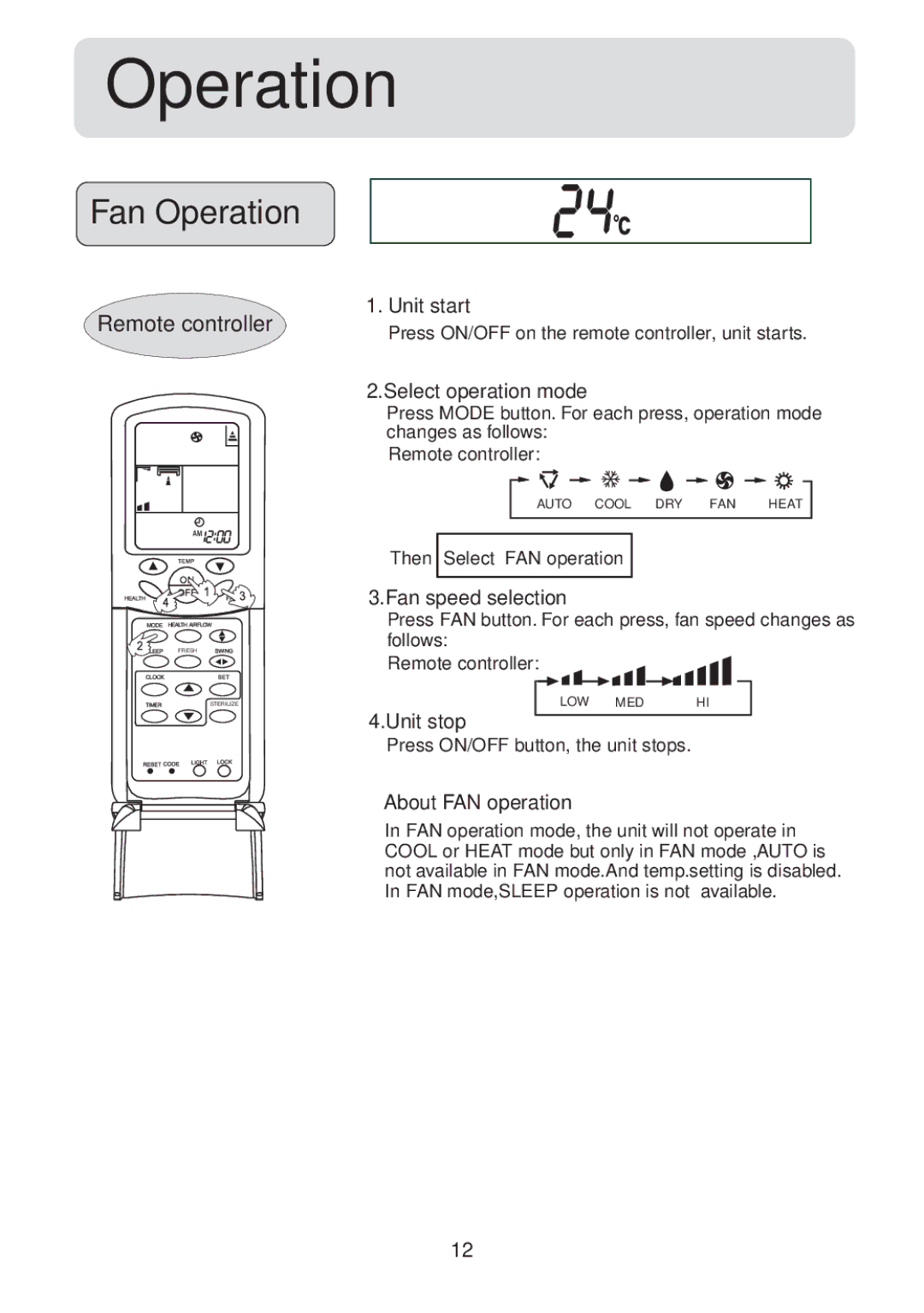 Haier HSU-18HV13(T3), HSU-18CV13(T3), HSU-24HV13(T3), HSU-24CV13(T3) operation manual Fan Operation, About FAN operation 