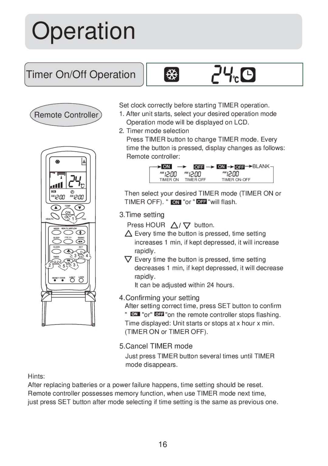 Haier HSU-18HV13(T3), HSU-18CV13(T3) Timer On/Off Operation, Time setting, Confirming your setting, Cancel Timer mode 