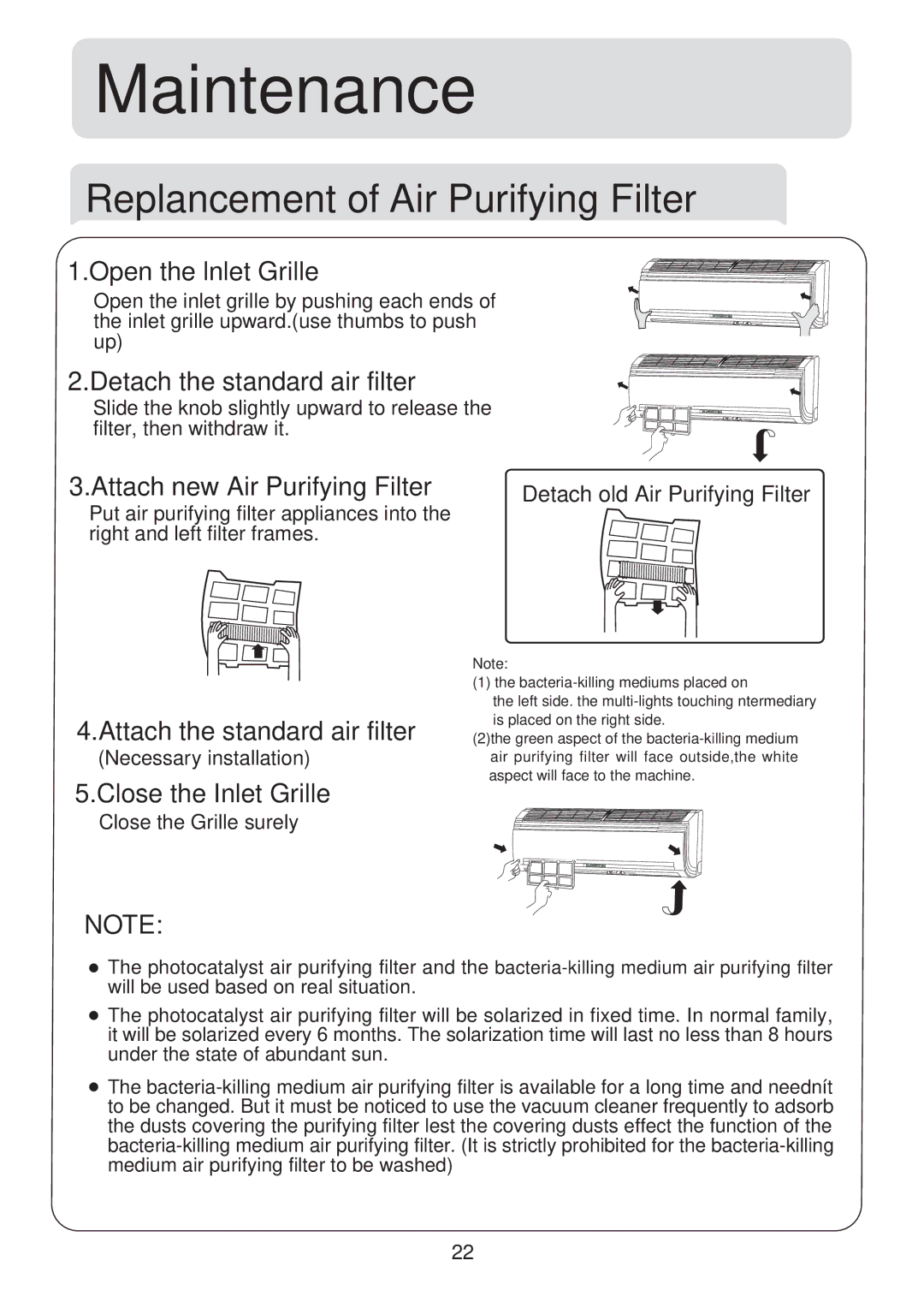 Haier HSU-24CV13(T3) Open the lnlet Grille, Detach the standard air filter, Attach new Air Purifying Filter 