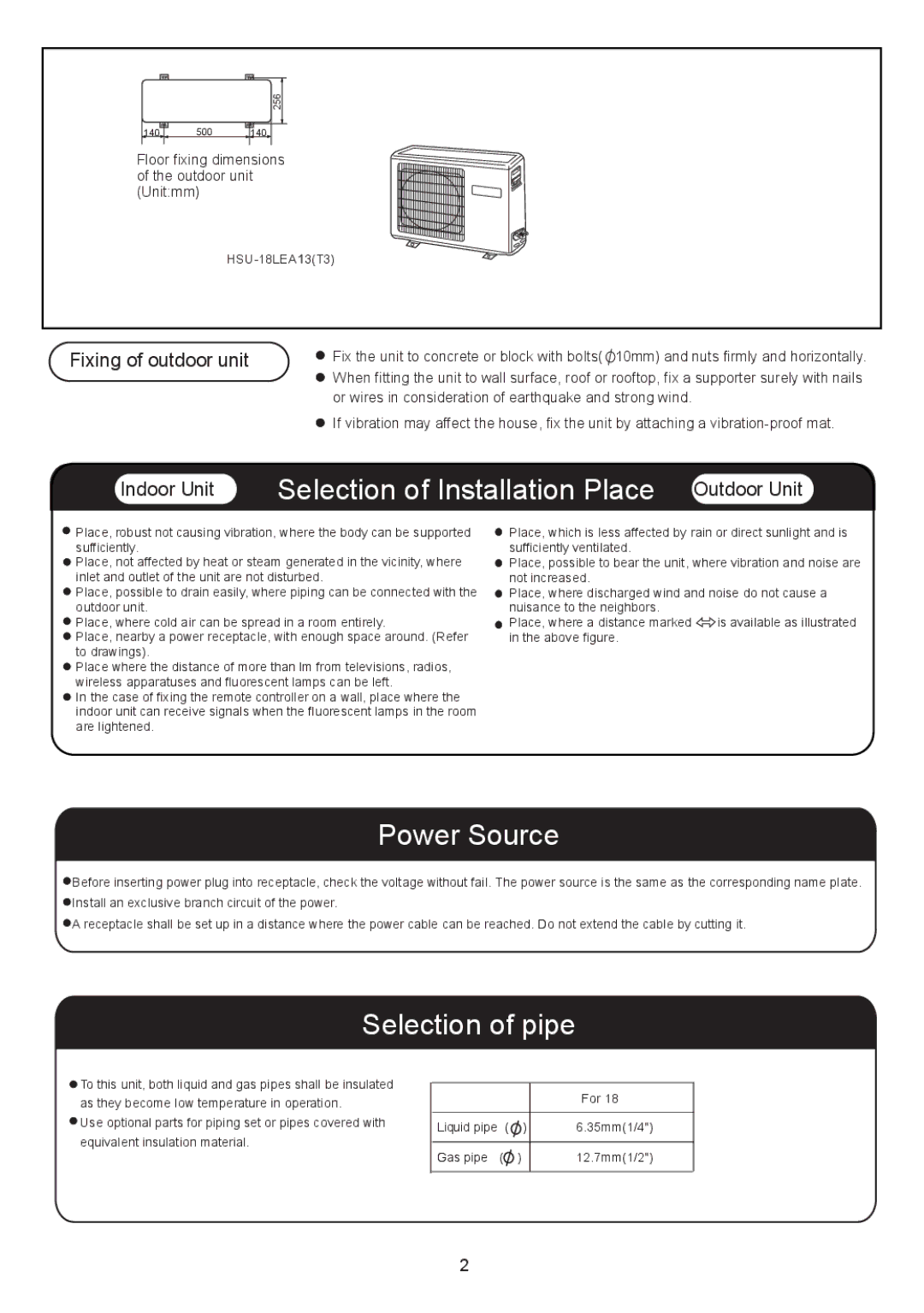 Haier HSU-18LEA13(T3) installation manual Selection of Installation Place Outdoor Unit 