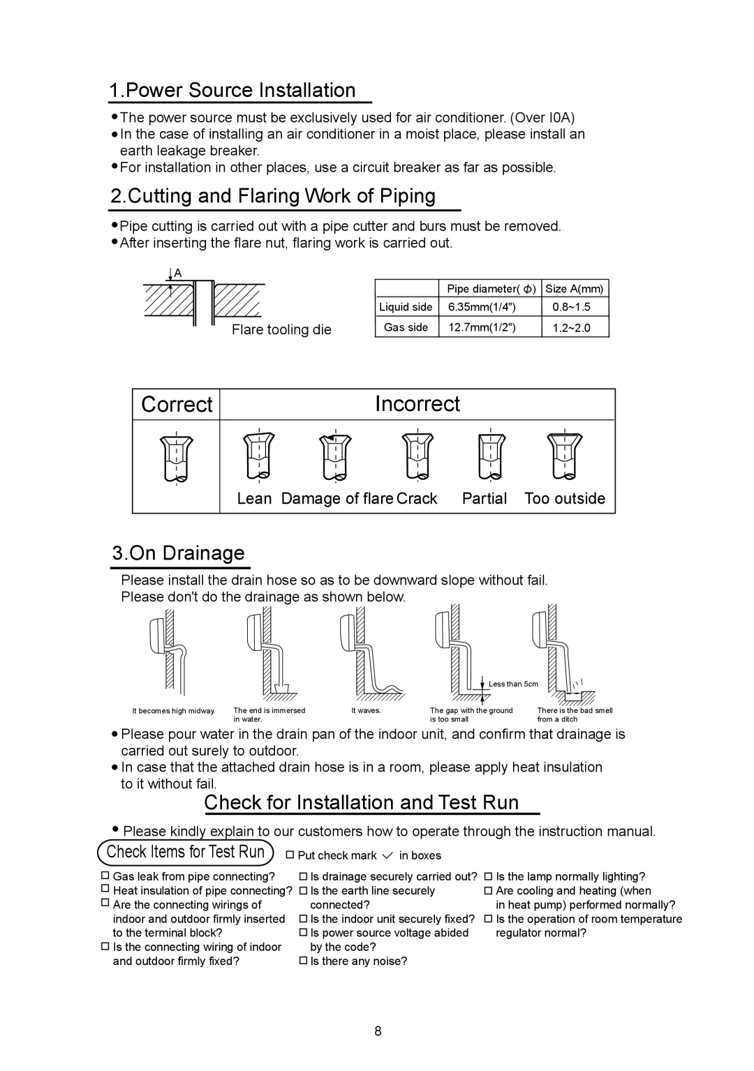 Haier HSU-18LEA13(T3) installation manual Power Source Installation, Cutting and Flaring Work of Piping, On Drainage 