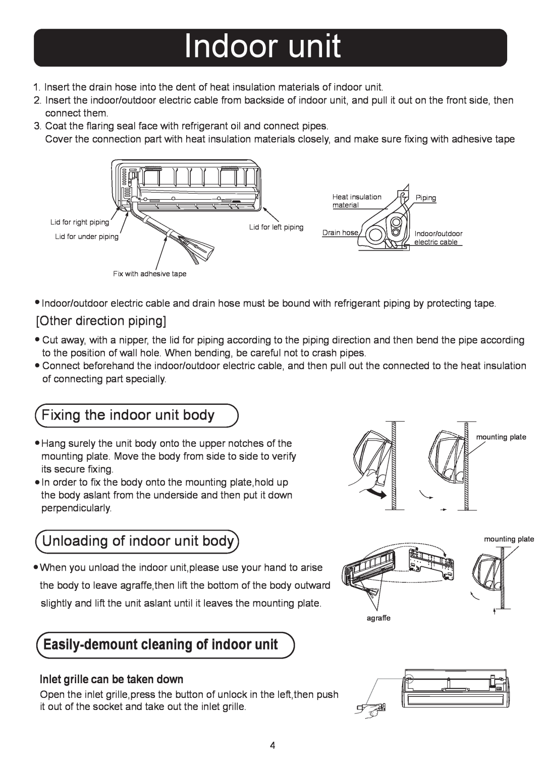 Haier HSU-18LEA13(T3) installation manual Indoor unit, Easily-demountcleaning of indoor unit, Other direction piping 