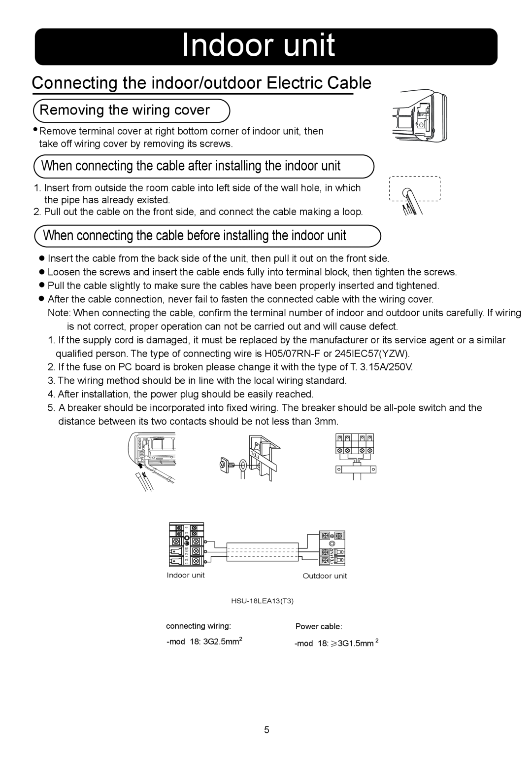 Haier HSU-18LEA13(T3) installation manual Indoor unit, Connecting the indoor/outdoor Electric Cable 