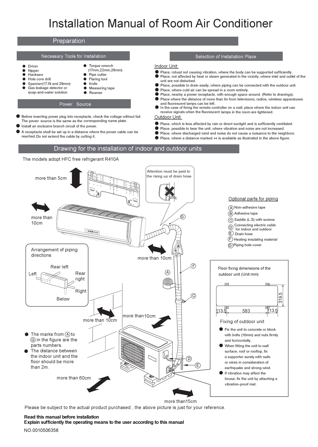 Haier HSU-22HRA03/R2 installation manual Necessary Tools for Installation, Power Source, Selection of Installation Place 