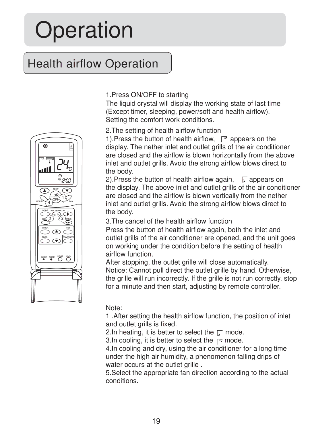 Haier HSU-22RS03/R2, HSU-18RS03/R2 operation manual Health airflow Operation 