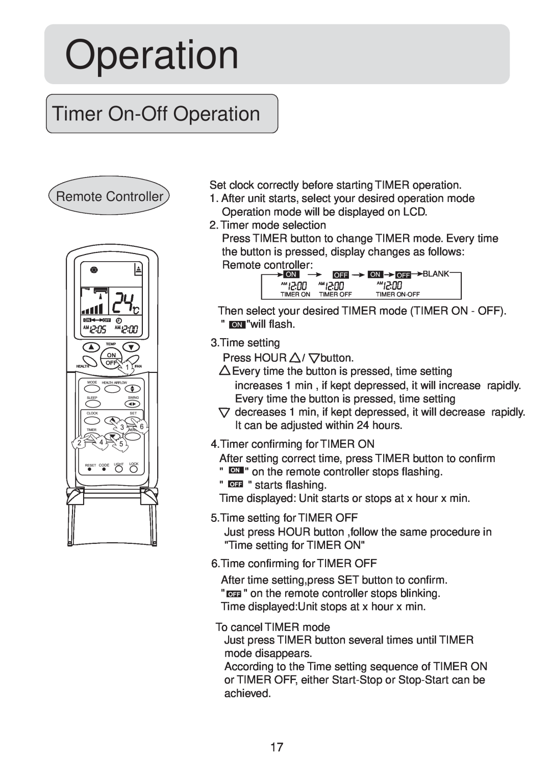 Haier HSU-22RS03/R2, HSU-18RS03/R2 operation manual Timer On-OffOperation, Remote Controller 