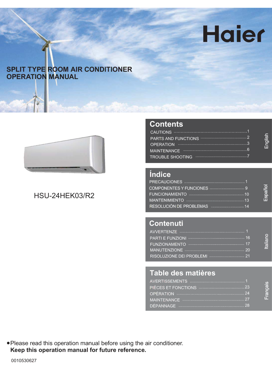 Haier 0010530627, HSU-24HEK03/R2 operation manual Contents 