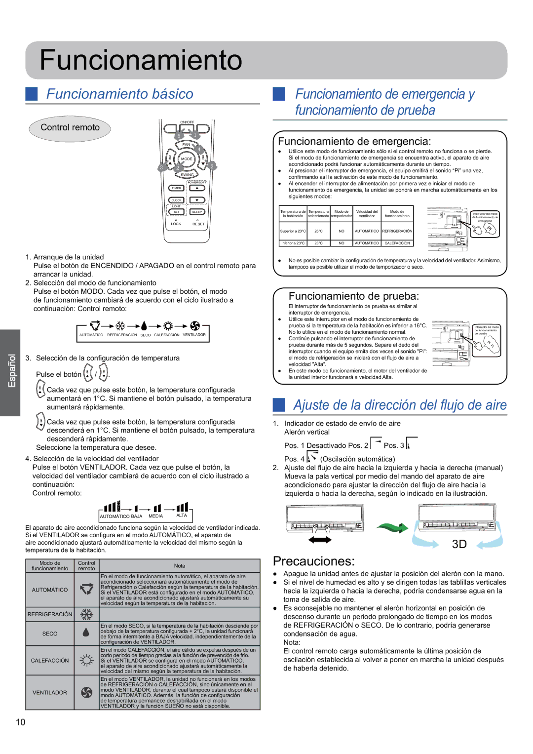 Haier HSU-24HEK03/R2, 0010530627 Funcionamiento básico, Ajuste de la dirección del ﬂujo de aire, Control remoto 