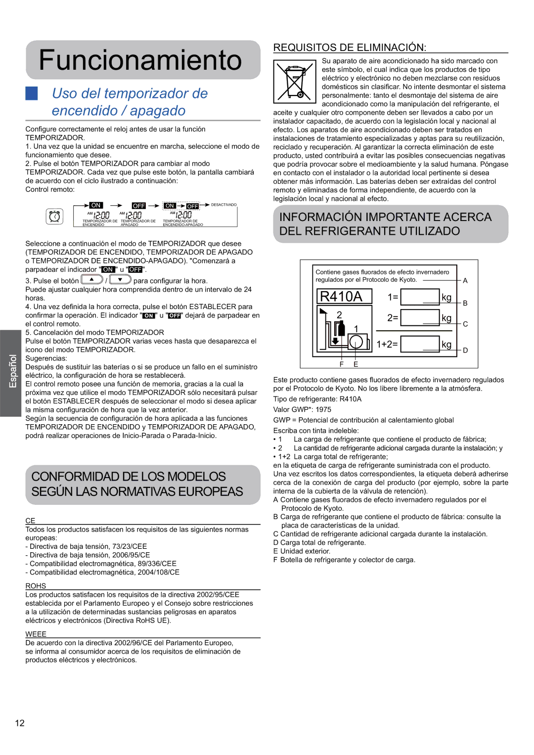 Haier HSU-24HEK03/R2, 0010530627 operation manual Uso del temporizador de encendido / apagado, Temporizador, Rohs, Weee 