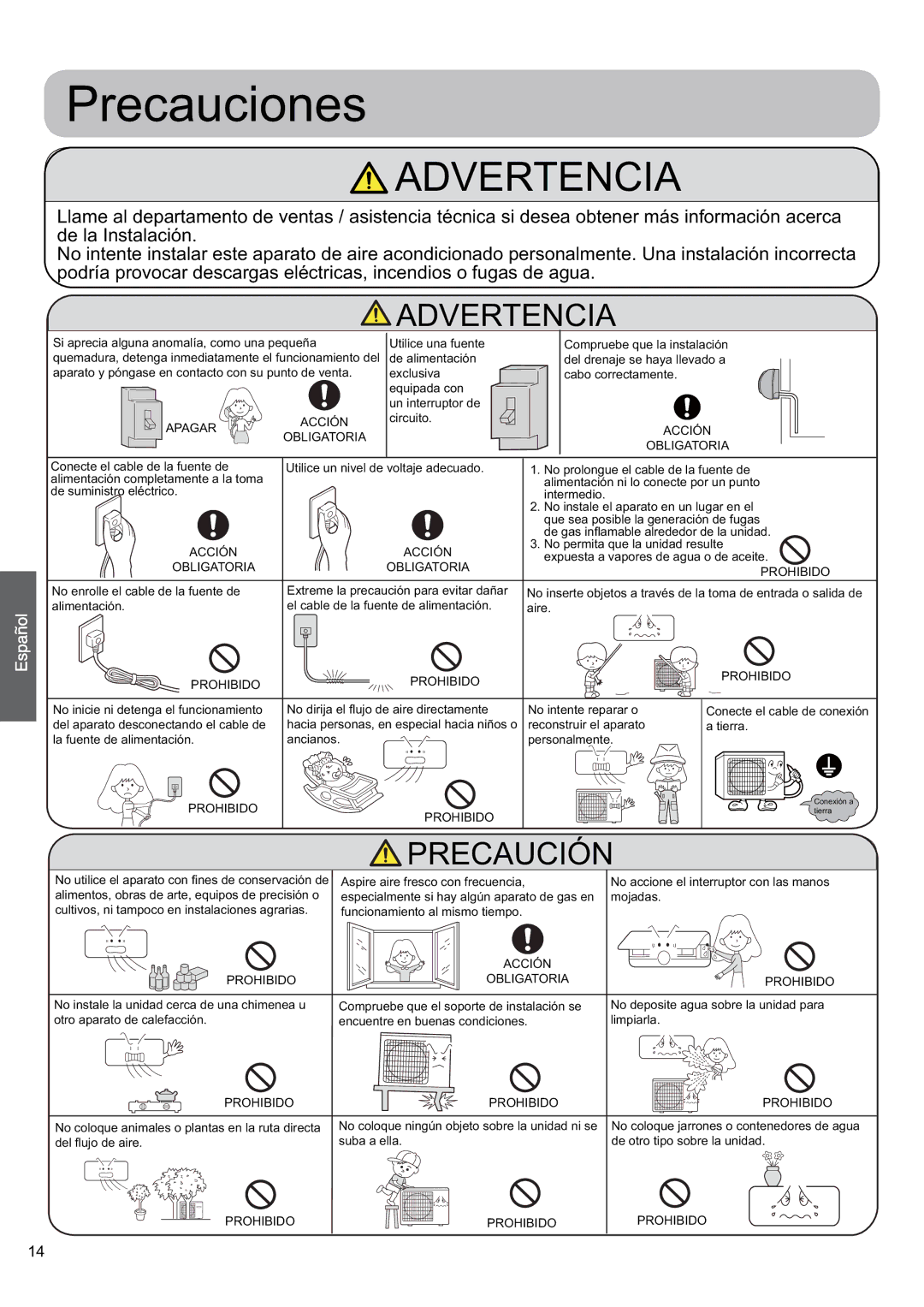 Haier HSU-24HEK03/R2, 0010530627 Precauciones, Apagar Acción, Obligatoria Prohibido, Acción Prohibido Obligatoria 