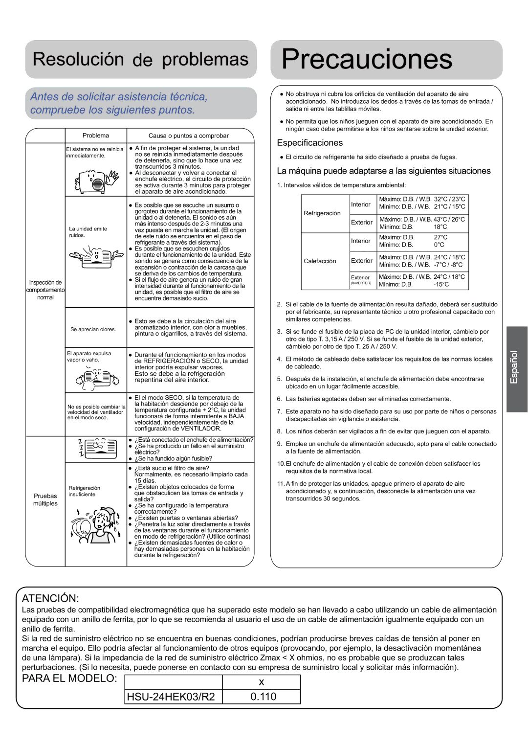 Haier 0010530627, HSU-24HEK03/R2 operation manual Precauciones 