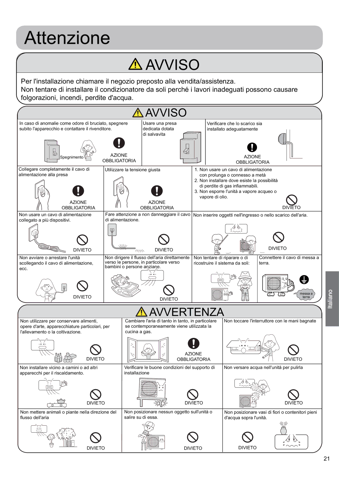 Haier 0010530627, HSU-24HEK03/R2 operation manual Attenzione, Divieto Azione Obbligatoria 