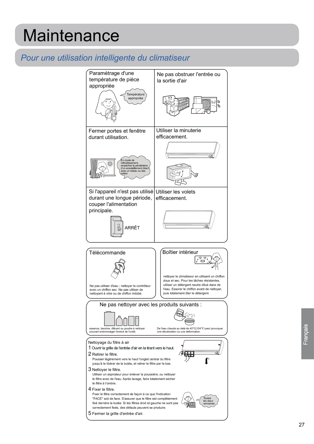 Haier 0010530627 Maintenance, Pour une utilisation intelligente du climatiseur, Télécommande Boîtier intérieur 