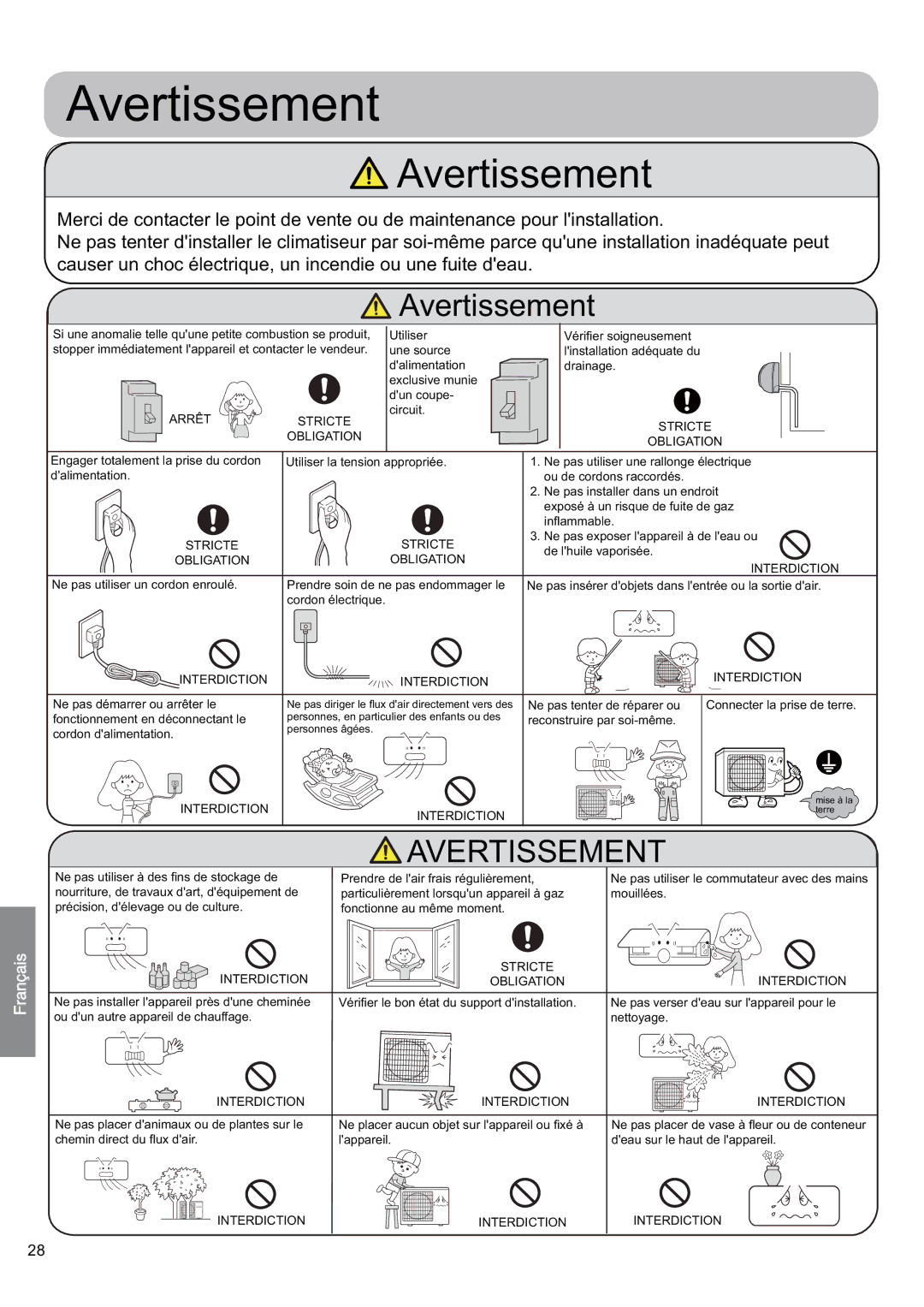 Haier HSU-24HEK03/R2 Avertissement, Arrêt Stricte, Obligation Interdiction, Interdiction Stricte Obligation 