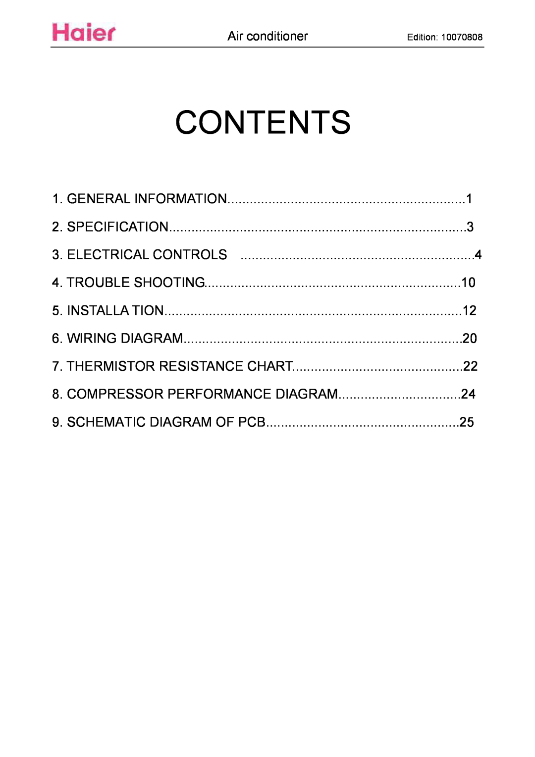 Haier HSU18VH7 manual Contents 