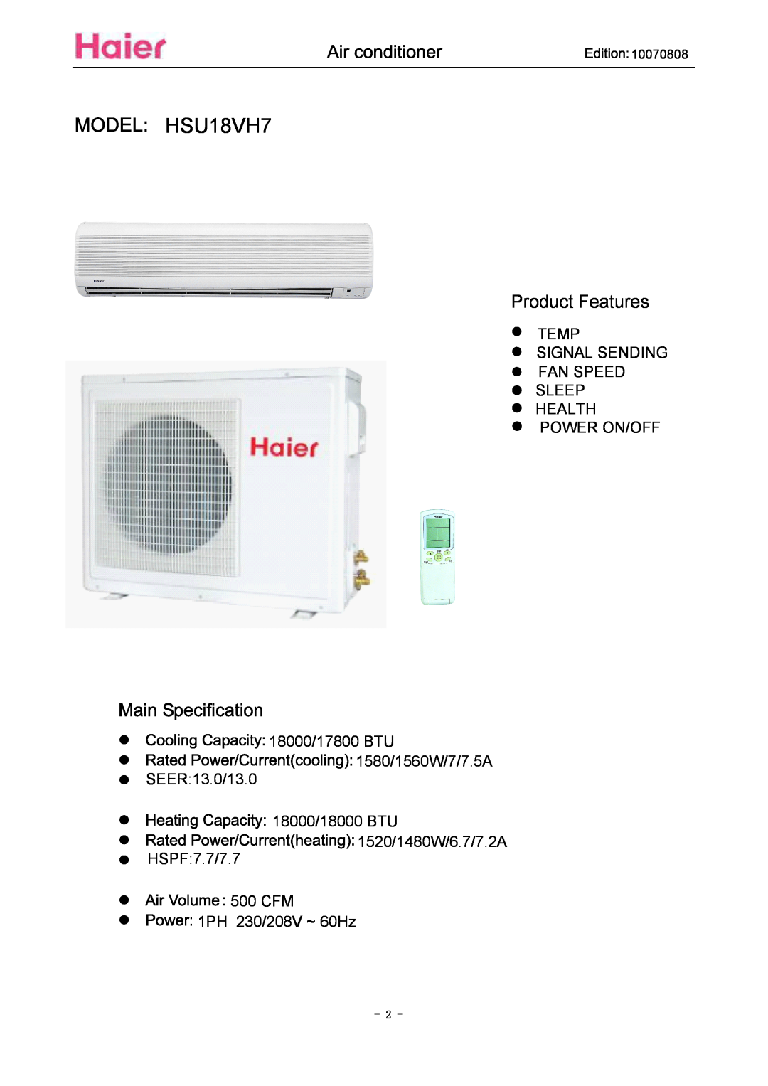 Haier HSU18VH7 manual Product Features 