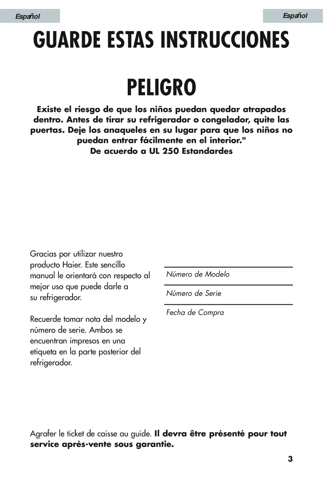 Haier HSW02C user manual Peligro 