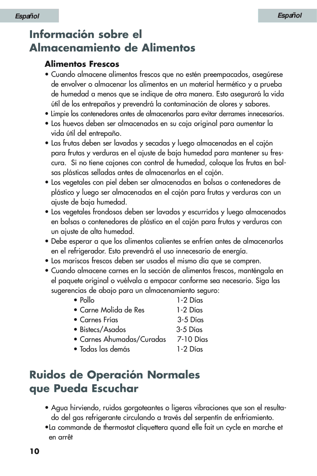 Haier HSW02C user manual Información sobre el Almacenamiento de Alimentos, Alimentos Frescos 