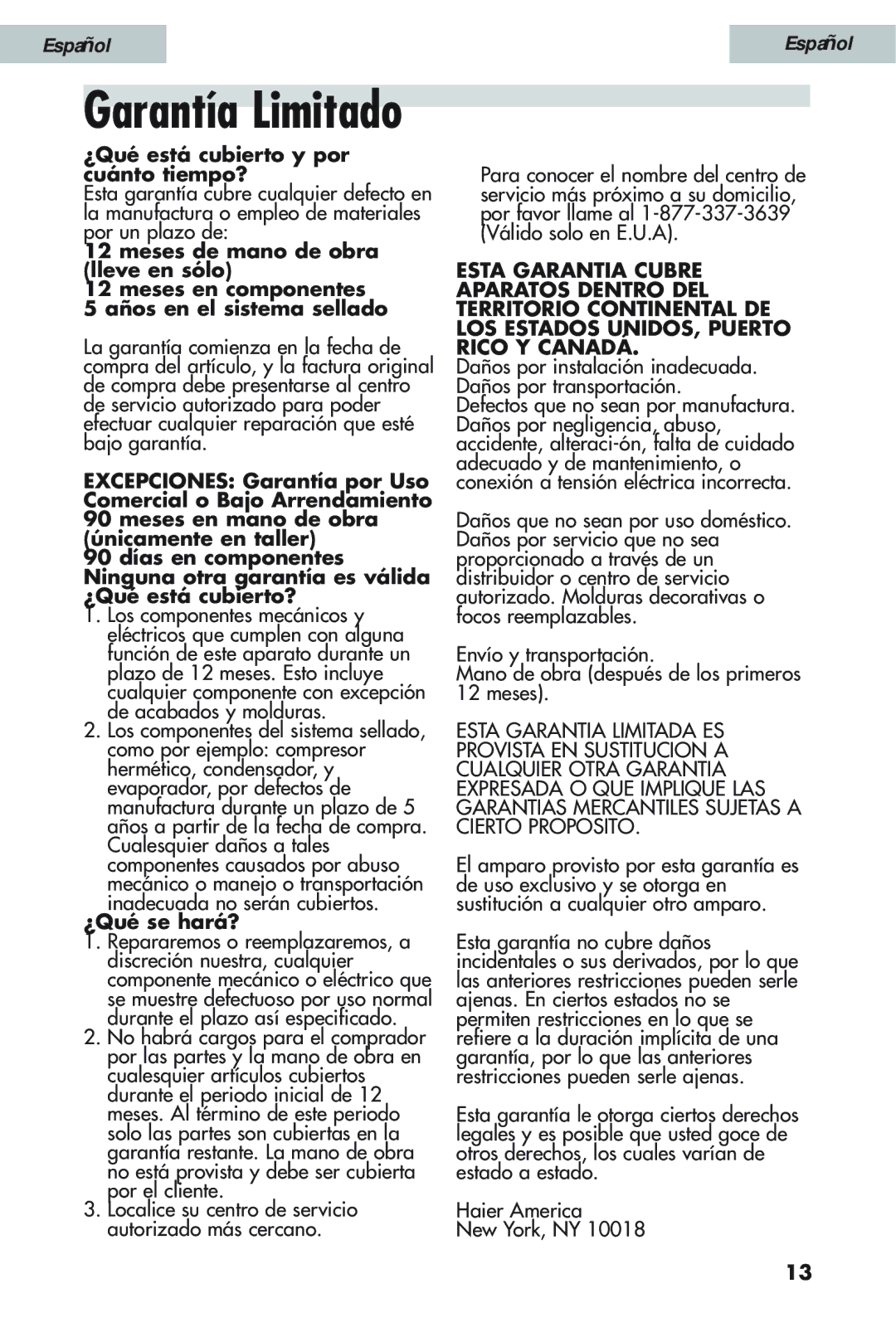 Haier HSW02C user manual Garantía Limitado 