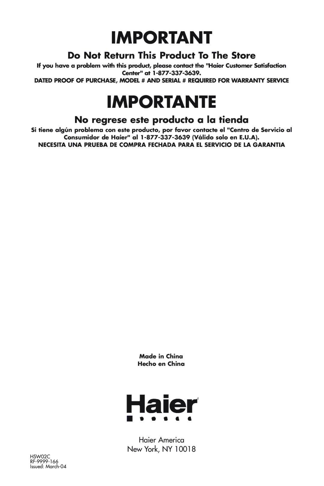 Haier HSW02C user manual Importante 