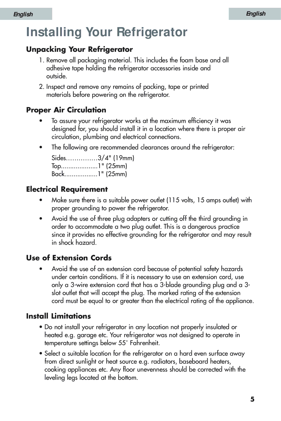 Haier HSW02C user manual Installing Your Refrigerator 