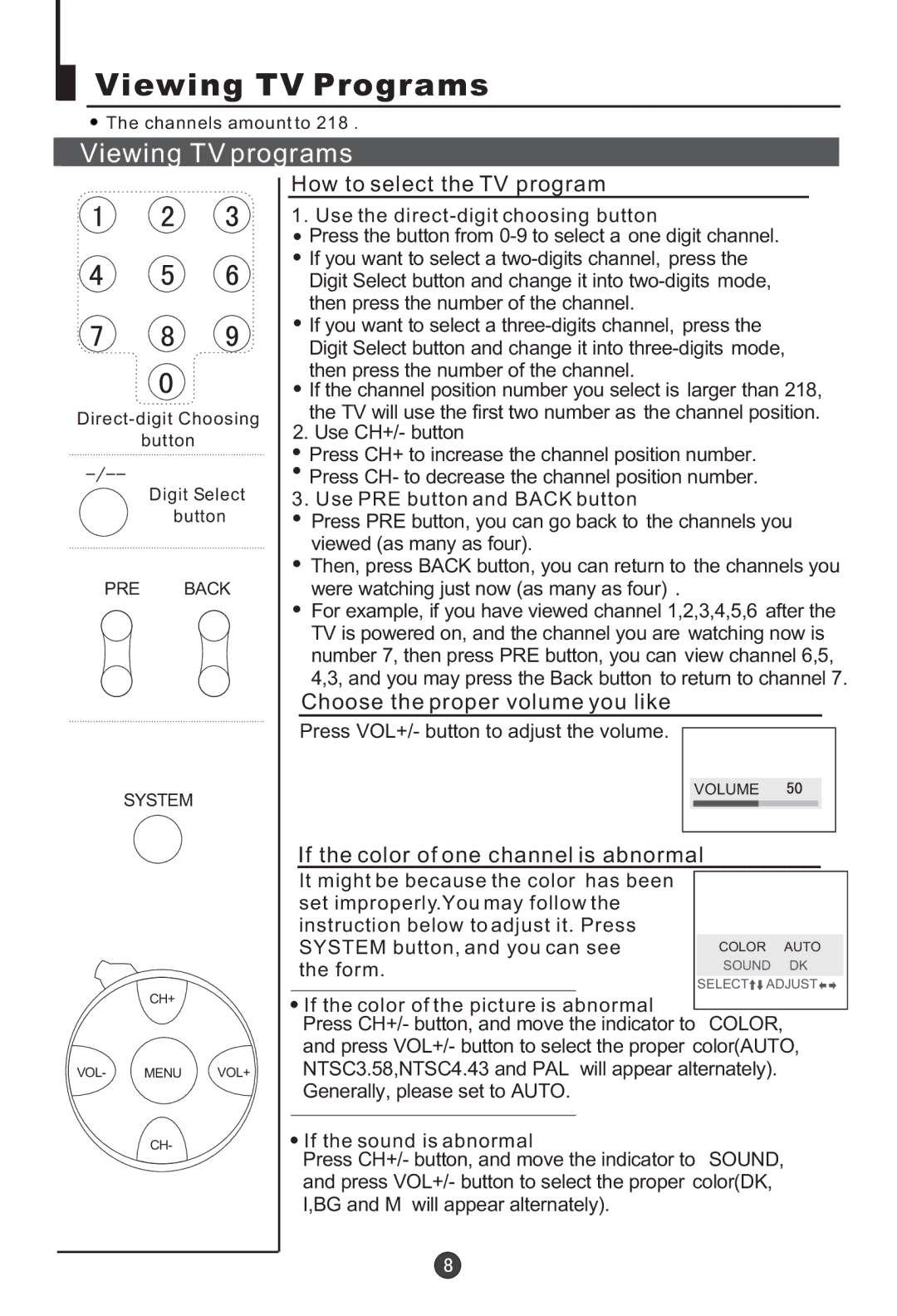 Haier 21F9K Viewing TV Programs, Viewing TV programs, How to select the TV program, Choose the proper volume you like 