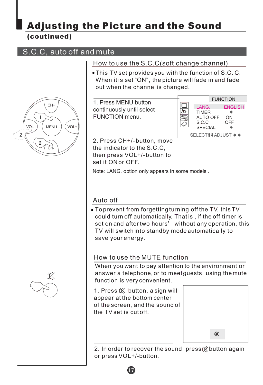 Haier 21F5A, HT-3768 C, auto off and mute, How to use the S.C.Csoft change channel, Auto off, How to use the Mute function 