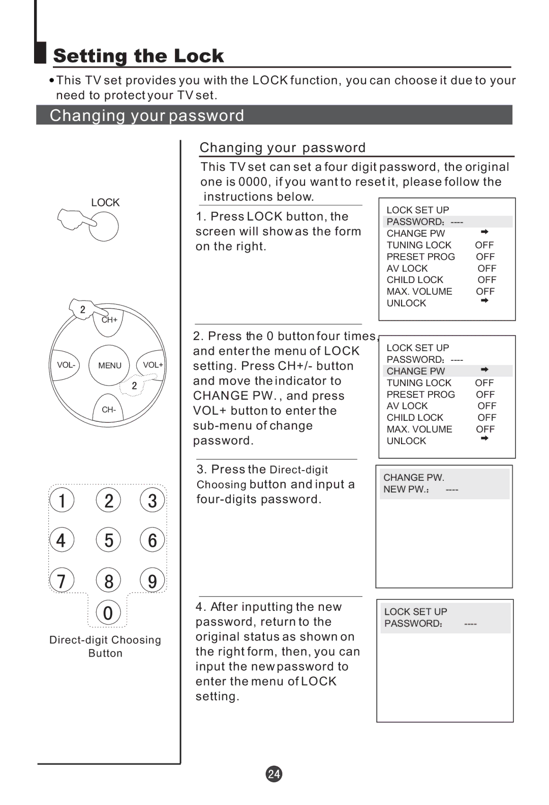 Haier HT-3768, HT-3728, 21F7A, 21F9D, 21T9D(D), 21F5A, 21T9D(S), 15F6B, 21TA1, 21F9K Setting the Lock, Changing your password 