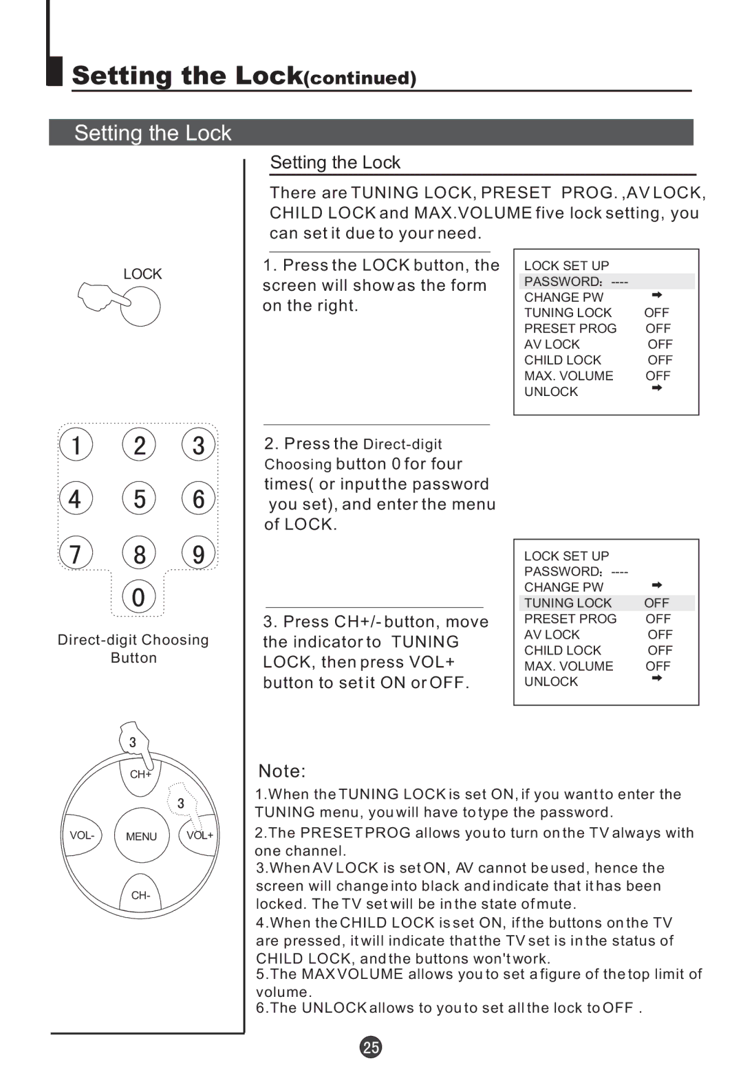 Haier HT-3728, HT-3768, 21F7A, 21F9D, 21T9D(D), 21F5A, 21T9D(S), 15F6B, 21TA1, 21F9K, 21FA1, 21T5A owner manual Setting the Lock 