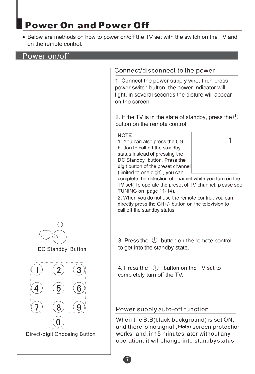 Haier 21TA1, HT-3768 Power On and Power Off, Power on/off, Connect/disconnect to the power, Power supply auto-off function 