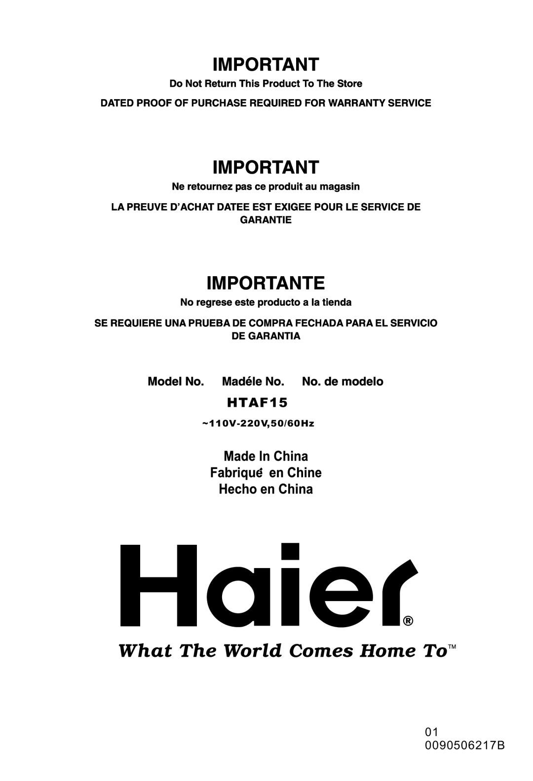 Haier HTAF15 manual 0090506217B, ~110V-220V,50/60Hz 