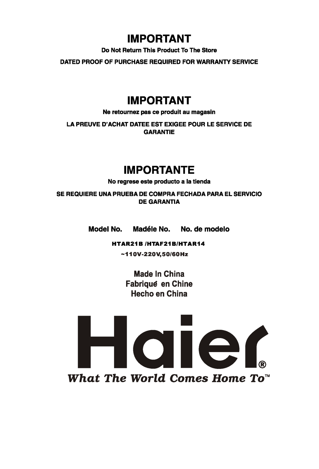 Haier manual HTAR21B /HTAF21B/HTAR14, ~110V-220V,50/60Hz 