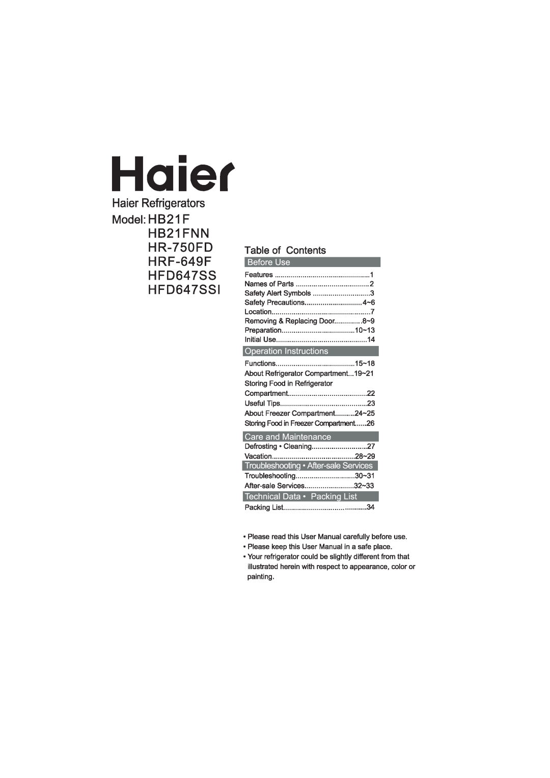 Haier HTD647SSI, HB21FNN, HR-750FD, HRF-649T manual 