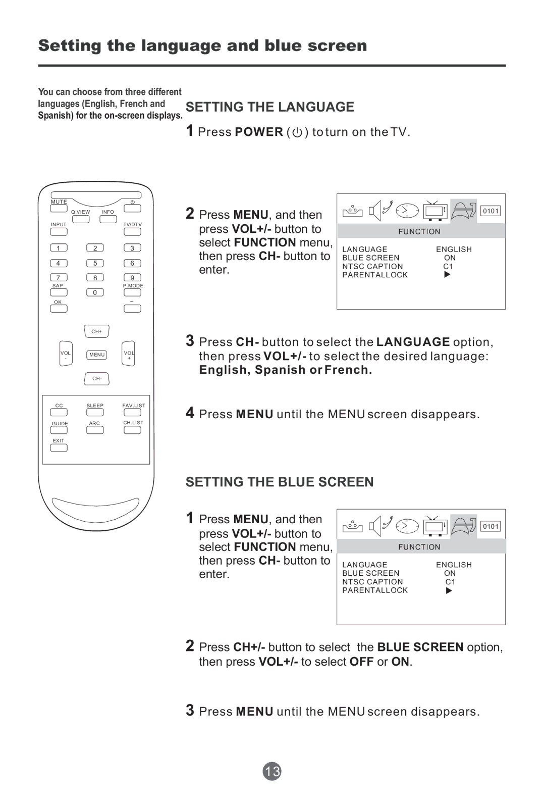 Haier HTR20, HTF201 owner manual Setting the language and blue screen, Setting the Blue Screen 